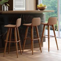 3 Banquetas Alta Retrô Pés de Madeira Apoio Para Pés em Aço Cobre Tecido Linho Terracota