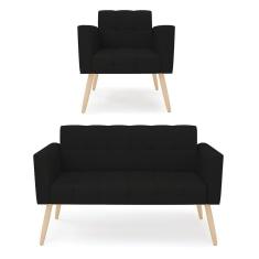 Kit 1 Sofá Namoradeira E 1 Poltrona Elisa Linho Pés Palito Natural - D`rossi Cor A79 Preto