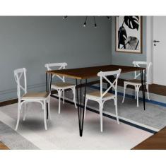 Conjunto De Mesa Elen Retangular Tampo De Madeira 140x80cm Amêndoa Com