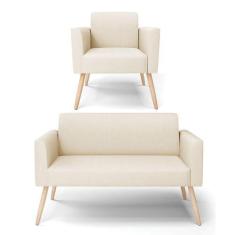 Sofá Namoradeira Com Poltrona Pés Palito Natural Marisa Linho Bege A19