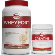 Kit Whey Fort 3W Pote 900g Sabores + Creatina Vitafor 300g, Banana, 90