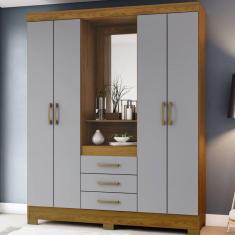 Guarda Roupa Solteiro com Espelho 4 Portas 3 Gavetas Nápole Briz Cinza/Marrom