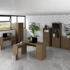 Conjunto Home Office 2 Escrivaninhas, 2 Armários, 1 Balcão e 1 Estante Tecno Mobili Nogal