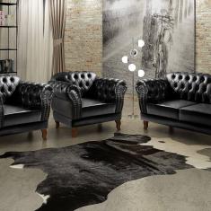 Conjunto Sofá Chesterfield 2 Lugares 2 Poltronas Dom Pedro Preto