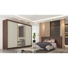 Guarda Roupa Casal Ripado com Espelho - Athenas-Ipê/Off White - Móveis Europa