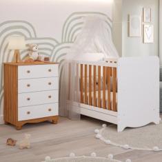 Quarto de Bebê Completo Berço Americano Ben 3 Em 1 Cômoda Júnior Simples 4 Gavetas Branco Carvalho 100% MDF Móveis Peroba