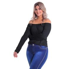 Blusa Ciganinha Manga Longa Plus Size - Lynnce, Preto, G4