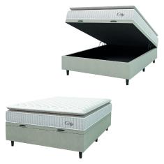 Cama Box Baú Colchão Casal Molas Ensacadas City Pillow Top 138x188x64cm Branco / Bege Hellen - Suporta até 110kg por Pessoa