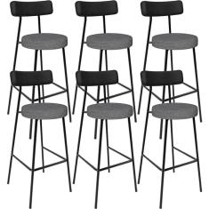 Kit 06 Banquetas Alta Cozinha Sala Jantar Milão L02 Couríssimo Preto Linho Cinza Escuro - Lyam Decor