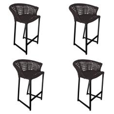 Kit 4 Banquetas Reis Em Corda Náutica E Base Em Alumínio Preta Para área Gourmet Externa Marrom