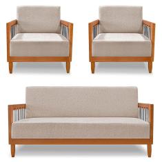 Kit 2 Poltronas e Sofá Living 2 Lugares Marilia 1,60m Linho Areia Base em Madeira Castanho - Pallazio