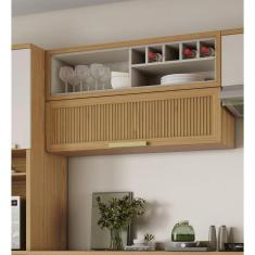 Armário Aéreo de Cozinha 120cm 1 Porta Horizonal Canelada e Nicho Garrafeiro New Porto Mdf Freijó/Off White