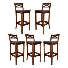 Kit 5 Banquetas Alta Estofada Madri Madeira Castanho Suede Cinza CCS