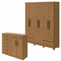 Conjunto de Guarda-Roupa 6 Portas 4 Gavetas Zeus com Pés e Cômoda 8 Gavetas 2 Portas Toronto Amêndoa Clean