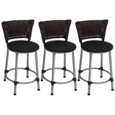 Kit 3 Banquetas Baixas Prata com Encosto Junco Argila Assento Preto