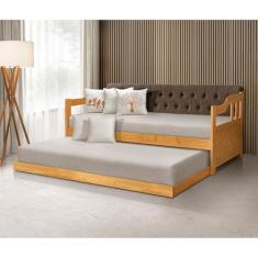 Bicama Dublin Estofado Capitonê Veludo Marrom Madeira Maciça com Cama Auxiliar 2 Colchões - Imbuia