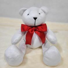 Urso articulado pelúcia branca g. 34cm laços variados nichos decoração