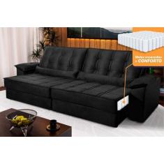 Sofá Retrátil Reclinável 2,30m Ascari Suede Velut Preto molas Ensacada