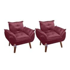 Kit 02 Poltrona/Cadeira Decorativa Glamour Com Pés Quadrado Vinho / Bo