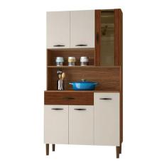 Armário de Cozinha Compacta 6 Portas e 1 Gaveta 90 cm Gold Ripado Nogueira/Off White - Pallazio