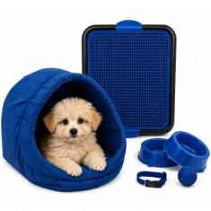 Kit Cama Toca Iglu Pet Médio Sanitário Comedouro Coleira Bolinha - Sup