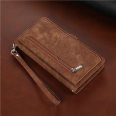 Capa de telefone de couro com cordão longo para Samsung Galaxy S23 S22 Ultra S21 FE S20 S10 Plus Note 20 Carteira com zíper Capa para vários cartões, marrom, para Samsung S10