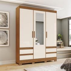 Guarda-roupa 3 Portas 4 Gavetas com Kit Espelho B55 Marrom/Off White