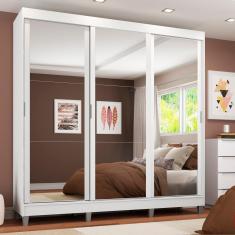 Guarda Roupa Casal Napoli 3 Portas de Correr 4 Gavetas MDP com Espelho Branco Branco Madesa