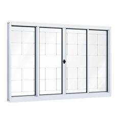 Janela de Aço de Correr 100x200cm 4 Folhas com Grade e Vidro Liso Riobras Branco