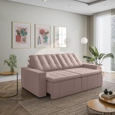 Sofá Cama Retrátil e Reclinável 3 Lugares 260cm em Veludo com Molas e Braço Reto Palmeira Cabecasa M Rosa