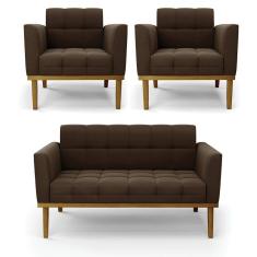 Namoradeira Com 2 Poltronas Base De Madeira Castanho Elisa Suede D03 - D\`rossi Cor Marrom