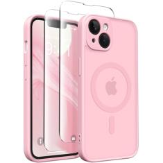 CAPRARO Capa magnética para iPhone 14, [compatível com MagSafe] [proteção total da câmera] Capa protetora à prova de choque fina translúcida fosca para iPhone 14 de 6,1 polegadas, rosa pêssego
