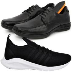 Kit Tênis Esportivo Academia + Sapato Couro Legitimo Confort Macio-Masculino