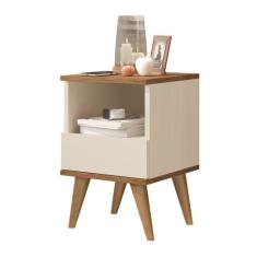 Mesa De Cabeceira Retrô Pés Palito Em Madeira Maciça Pix Off White ENV