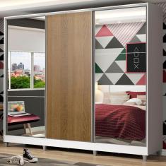 Guarda Roupa Juvenil 3 Portas de Correr Kevin 4 Gavetas Branco-rustic MDF com Espelhos