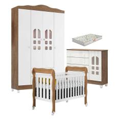 Quarto de Bebê New Selena 4 Portas com Berço Lila e Cômoda Selena Branco Acetinado Amadeirado e Colchão Gazin - Carolina Móveis