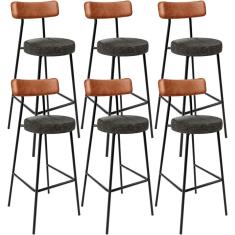 Kit 06 Banquetas Alta Cozinha Sala De Jantar Milão L02 Couríssimo Camel Linho Chumbo - Lyam Decor