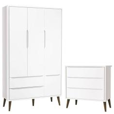 Cômoda Infantil Gaveteiro e Guarda Roupa 3 Portas Theo Branco Acetinado com Pés Amadeirado – Reller