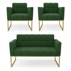 Kit 1 Sofá Namoradeira E 2 Poltronas Elisa Suede Base Metálica Industrial Dourada D`rossi Cor Verde