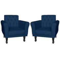 Kit 02 Poltronas Decorativas Classic Pés Luis XV Suede Azul Marinho - 