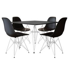 Mesa De Jantar Eames Eiffel Quadrada 90Cm Preta Com 4 Cadeiras Pretas Base Ferro Branco