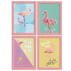 Quadros Flamingos Moldura Rosa 4un 22x32cm