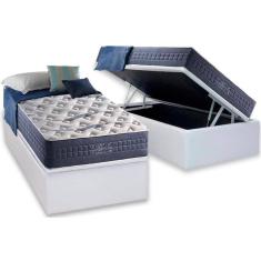 Cama Box Baú Solteiro: Colchão Molas Ensacadas Anjos MasterPocket Blue Sea + Base CRC Courano Branco(88x188)