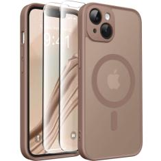 CAPRARO Capa magnética para iPhone 14, [compatível com MagSafe] [proteção total da câmera] Capa protetora à prova de choque fina translúcida fosca para iPhone 14 de 6,1 polegadas, marrom