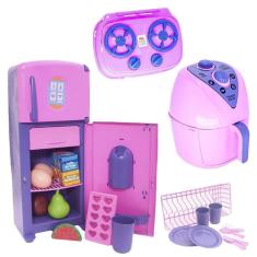 Brinquedo menina cozinha geladeira comida eletro fogão 22pç