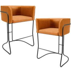 Kit 02 Banquetas Baixa Base de Aço Preto Betina D02 Couríssimo Whisky B-90- Lyam Decor