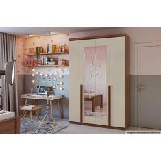Guarda Roupa Solteiro 4 Portas E 2 Gavetas C- Espelho Alonzo New Amendoa-off White Lopas