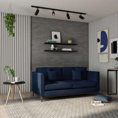 Sofá 3 Lugares Bento Base de Madeira Linho Cotton Azul Marinho.