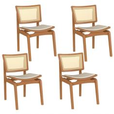 Kit 04 Cadeiras Decorativas Sala De Jantar Madeira Champagne Ravi Linho Bege - Gran Belo