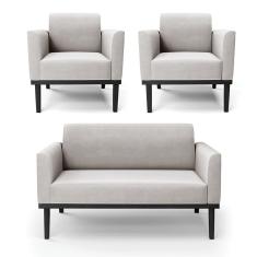 Sofá Namoradeira Com 2 Poltronas Base De Madeira Fixa Preto Marisa Veludo Cinza D03 - D'Rossi